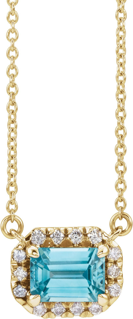 14K Gold Emerald Natural Blue Zircon & Natural Diamond French-Set Halo-Style Necklace - Yellow Gold
