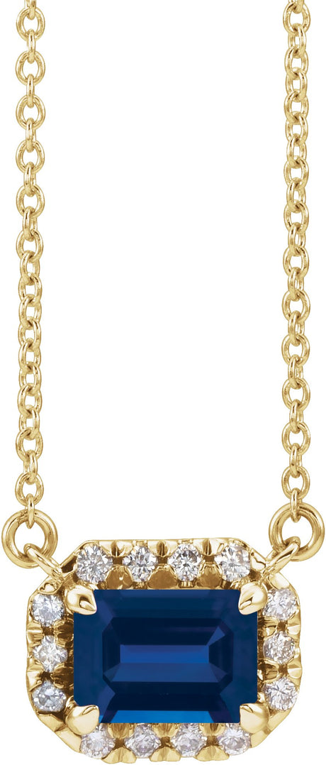 14K Gold Emerald Natural Blue Sapphire & Natural Diamond French-Set Halo-Style Necklace - Yellow Gold