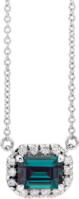 14K Gold Emerald Lab-Grown Alexandrite & Natural Diamond French-Set Halo-Style Necklace - White Gold