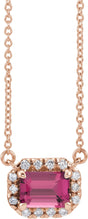 14K Gold Emerald Natural Pink Tourmaline & Natural Diamond French-Set Halo-Style Necklace - Rose Gold