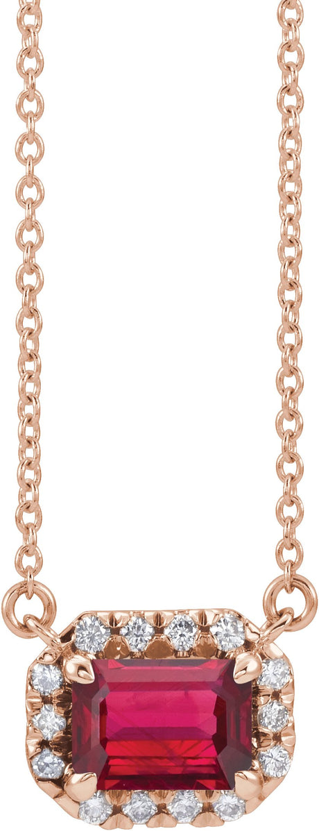 14K Gold Emerald Lab-Grown Ruby & Natural Diamond French-Set Halo-Style Necklace - Rose Gold