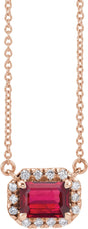 14K Gold Emerald Lab-Grown Ruby & Natural Diamond French-Set Halo-Style Necklace - Rose Gold