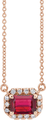 14K Gold Emerald Natural Ruby & Natural Diamond French-Set Halo-Style Necklace - Rose Gold