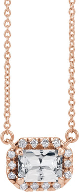 14K Gold Emerald Natural White Sapphire & Natural Diamond French-Set Halo-Style Necklace - Rose Gold
