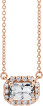 14K Gold Emerald Natural White Sapphire & Natural Diamond French-Set Halo-Style Necklace - Rose Gold