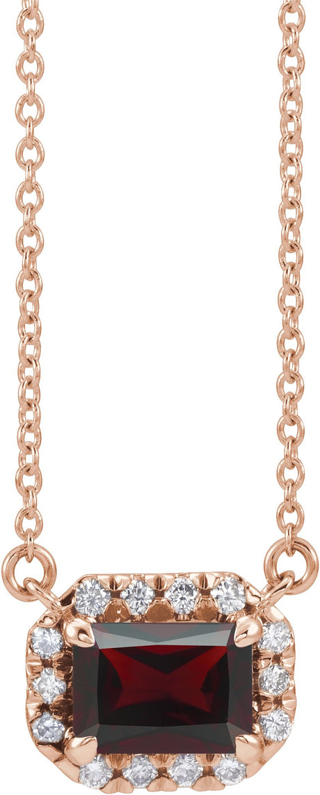 14K Gold Emerald Natural Mozambique Garnet & Natural Diamond French-Set Halo-Style Necklace - Rose Gold