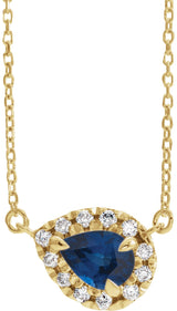 14K Gold Pear Natural Blue Sapphire & Natural Diamond French-Set Halo-Style Necklace - Yellow Gold