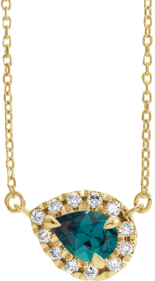 14K Gold Pear Lab-Grown Alexandrite & Natural Diamond French-Set Halo-Style Necklace - Yellow Gold