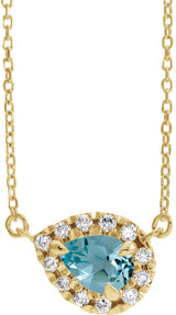 14K Gold Pear Natural Blue Zircon & Natural Diamond French-Set Halo-Style Necklace - Yellow Gold