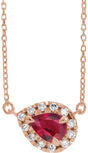 14K Gold Pear Natural Ruby & Natural Diamond French-Set Halo-Style Necklace - Rose Gold