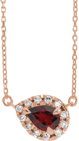 14K Gold Pear Natural Mozambique Garnet & Natural Diamond French-Set Halo-Style Necklace - Rose Gold