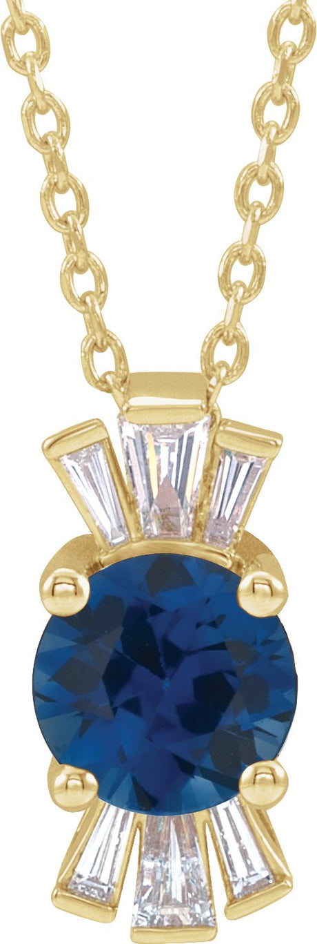 14K Gold Round Lab-Grown Blue Sapphire & Natural Diamond Accented Necklace or Pendant – 1/6 CTW - Yellow Gold