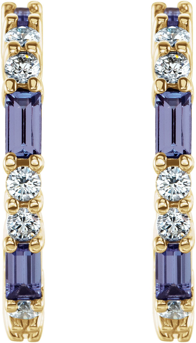 14K Gold Straight Baguette Natural Tanzanite Accented Hoop Earrings - Yellow Gold - view 4