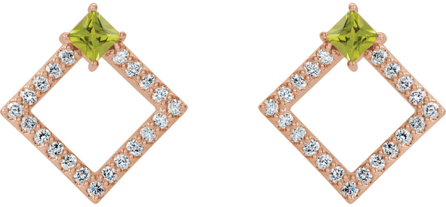 14K Gold Square Natural Peridot Accented Geometric Earrings - Rose Gold - view 7