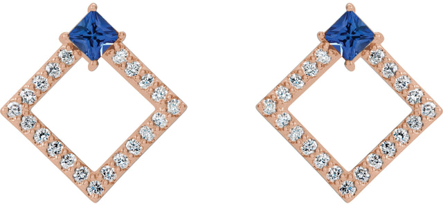 14K Gold Square Natural Blue Sapphire Accented Geometric Earrings - Rose Gold - view 14