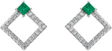 14K Gold Square Natural Emerald Accented Geometric Earrings - White Gold - view 5
