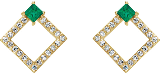 14K Gold Square Natural Emerald Accented Geometric Earrings - Yellow Gold - view 5