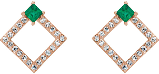 14K Gold Square Natural Emerald Accented Geometric Earrings - Rose Gold - view 7