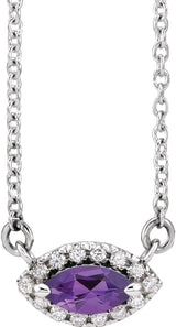 14K Gold Marquise Natural Amethyst & Natural Diamond French-Set Halo-Style Necklace - White Gold