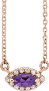 14K Gold Marquise Natural Amethyst & Natural Diamond French-Set Halo-Style Necklace - Rose Gold