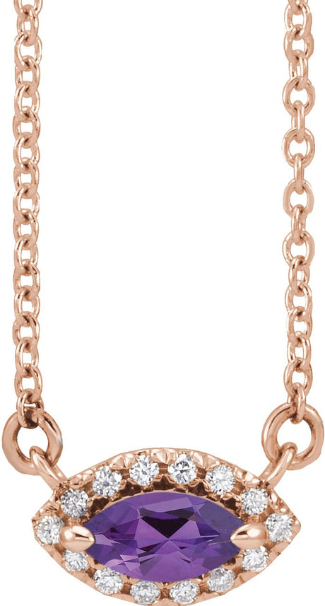 14K Gold Marquise Natural Amethyst & Natural Diamond French-Set Halo-Style Necklace - Rose Gold
