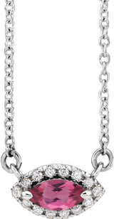 14K Gold Marquise Natural Pink Tourmaline & Natural Diamond French-Set Halo-Style Necklace - White Gold