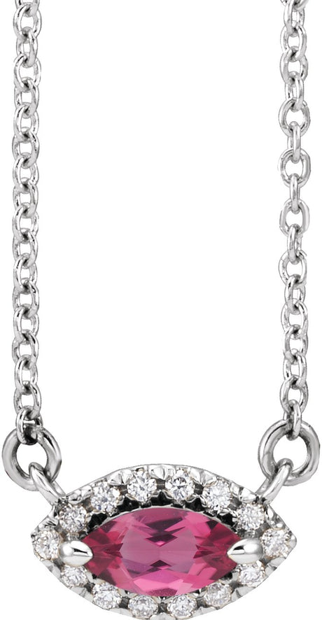 Platinum Marquise Natural Pink Tourmaline & Natural Diamond French-Set Halo-Style Necklace