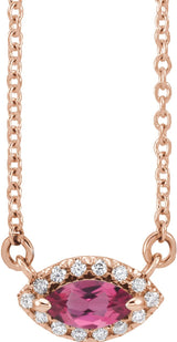 14K Gold Marquise Natural Pink Tourmaline & Natural Diamond French-Set Halo-Style Necklace - Rose Gold