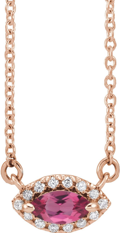 14K Gold Marquise Natural Pink Tourmaline & Natural Diamond French-Set Halo-Style Necklace - Rose Gold