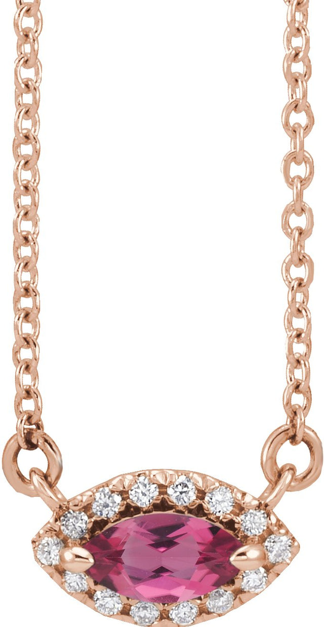 14K Gold Marquise Natural Pink Tourmaline & Natural Diamond French-Set Halo-Style Necklace - Rose Gold