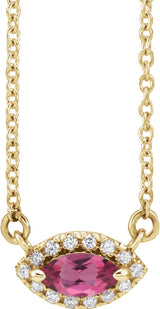 14K Gold Marquise Natural Pink Tourmaline & Natural Diamond French-Set Halo-Style Necklace - Yellow Gold