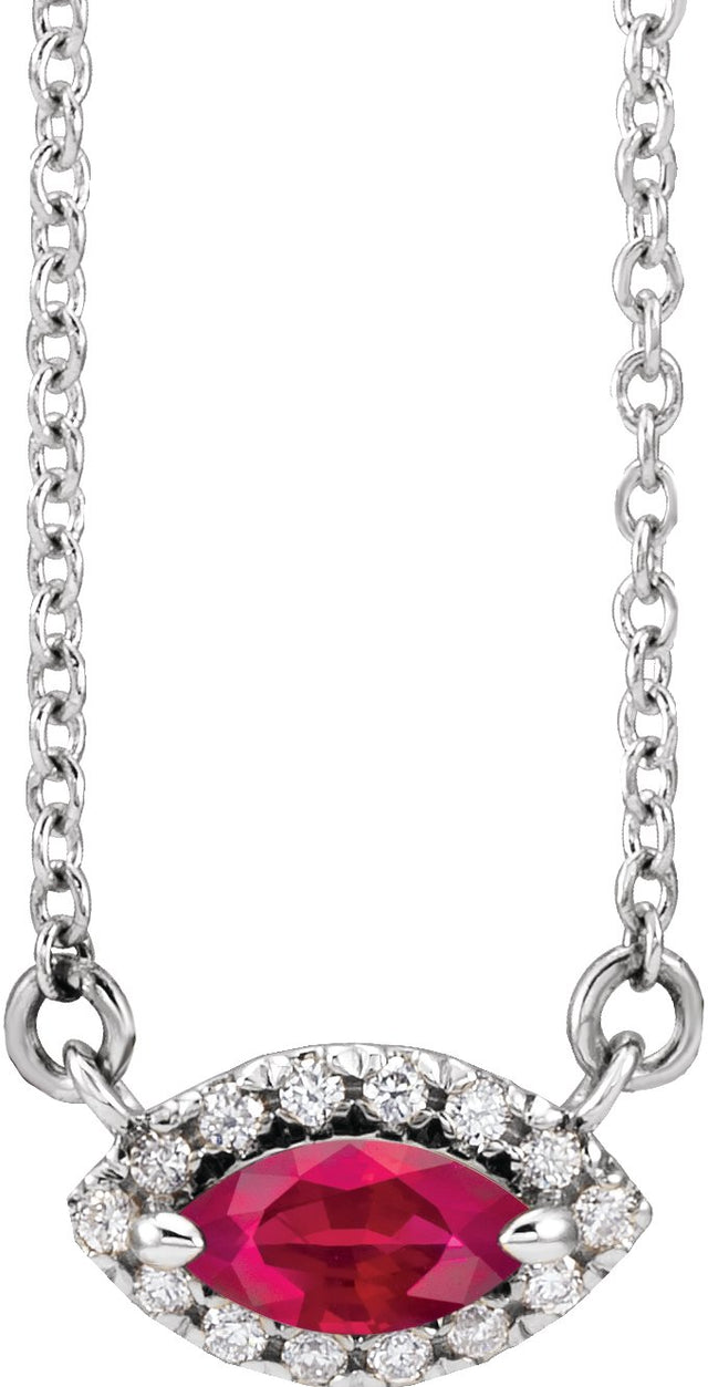 14K Gold Marquise Lab-Grown Ruby & Natural Diamond French-Set Halo-Style Necklace - White Gold
