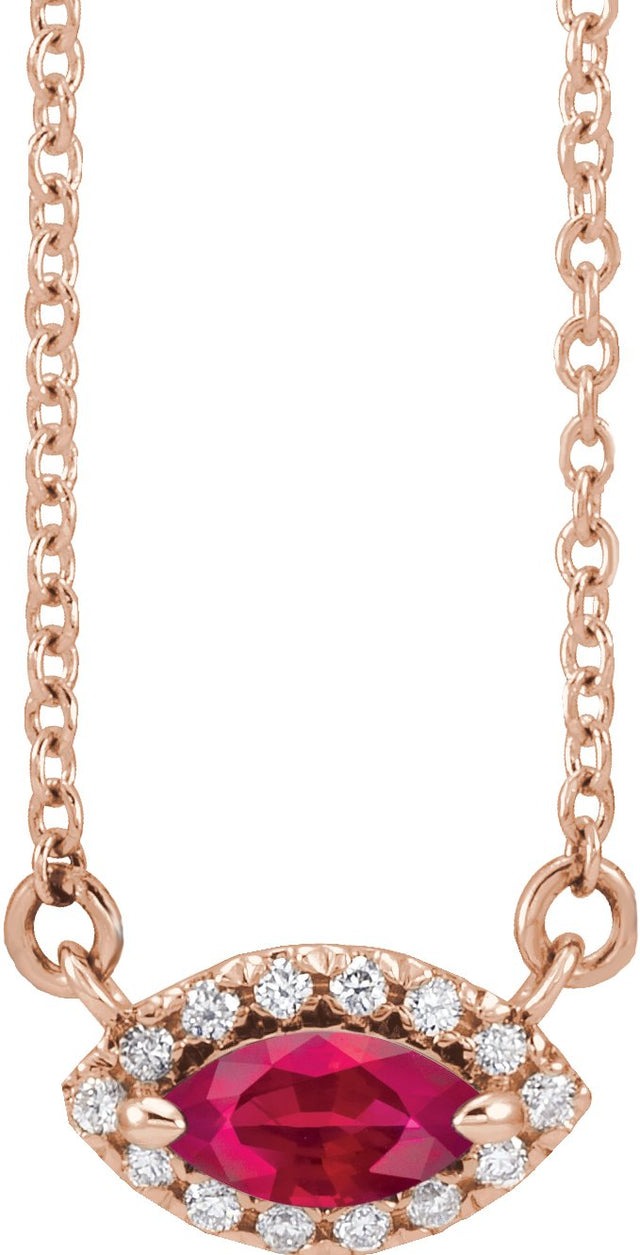 14K Gold Marquise Lab-Grown Ruby & Natural Diamond French-Set Halo-Style Necklace - Rose Gold