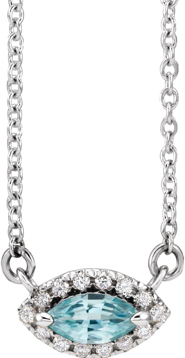 14K Gold Marquise Natural Blue Zircon & Natural Diamond French-Set Halo-Style Necklace - White Gold