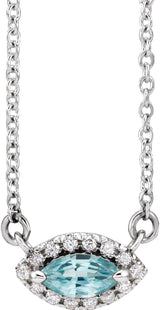 Platinum Marquise Natural Blue Zircon & Natural Diamond French-Set Halo-Style Necklace