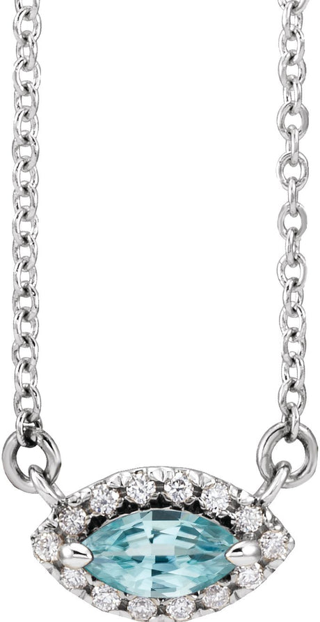 Platinum Marquise Natural Blue Zircon & Natural Diamond French-Set Halo-Style Necklace