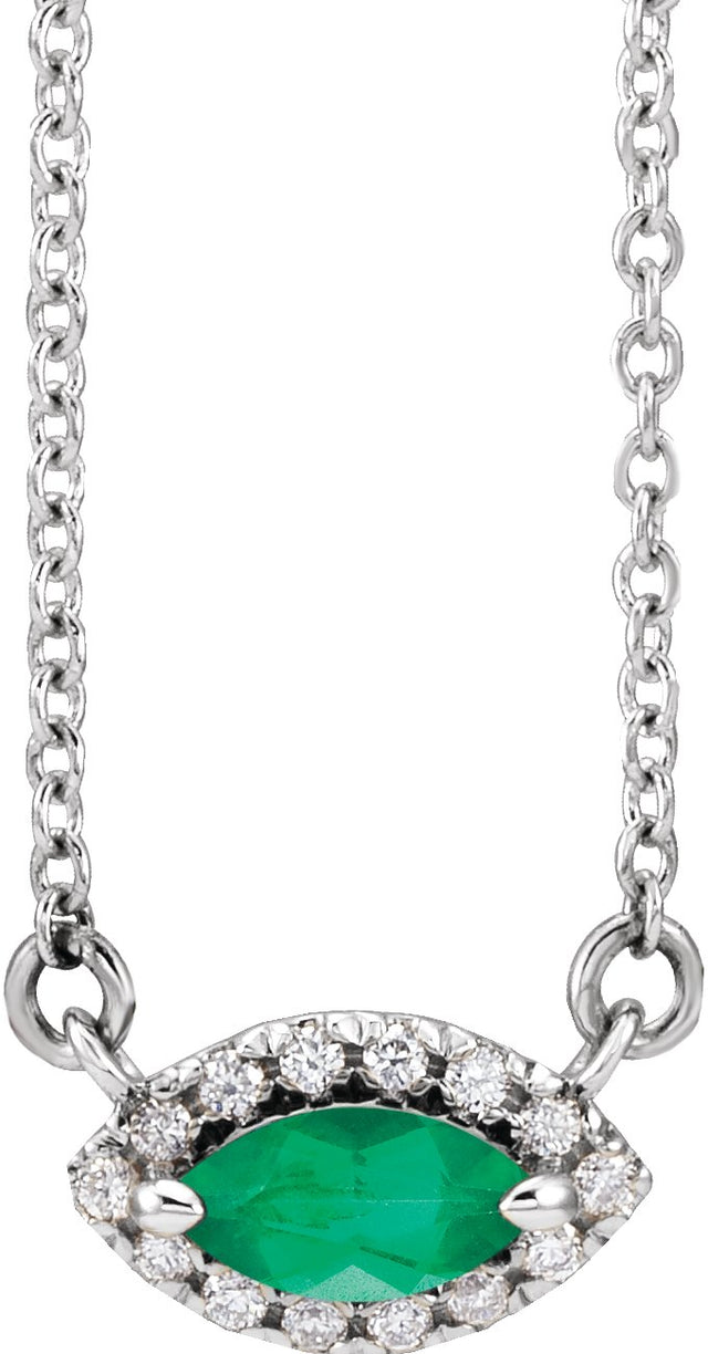14K Gold Marquise Natural Emerald & Natural Diamond French-Set Halo-Style Necklace - White Gold