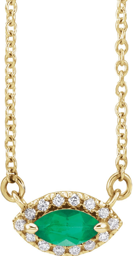 14K Gold Marquise Lab-Grown Emerald & Natural Diamond French-Set Halo-Style Necklace - Yellow Gold