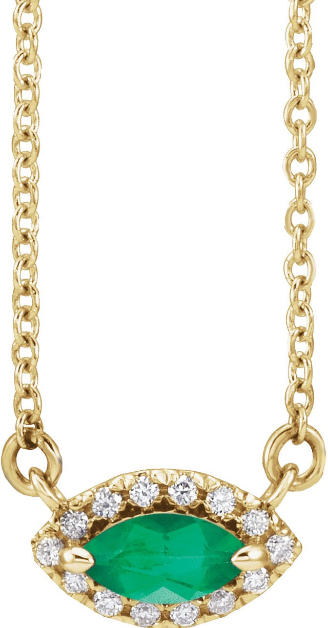 14K Gold Marquise Lab-Grown Emerald & Natural Diamond French-Set Halo-Style Necklace - Yellow Gold