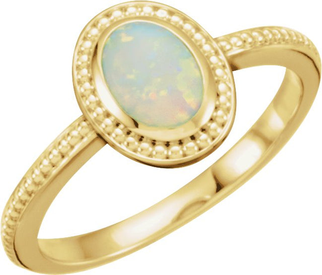 14K Gold Oval Natural White Opal Beaded Cabochon Ring - Yellow Gold