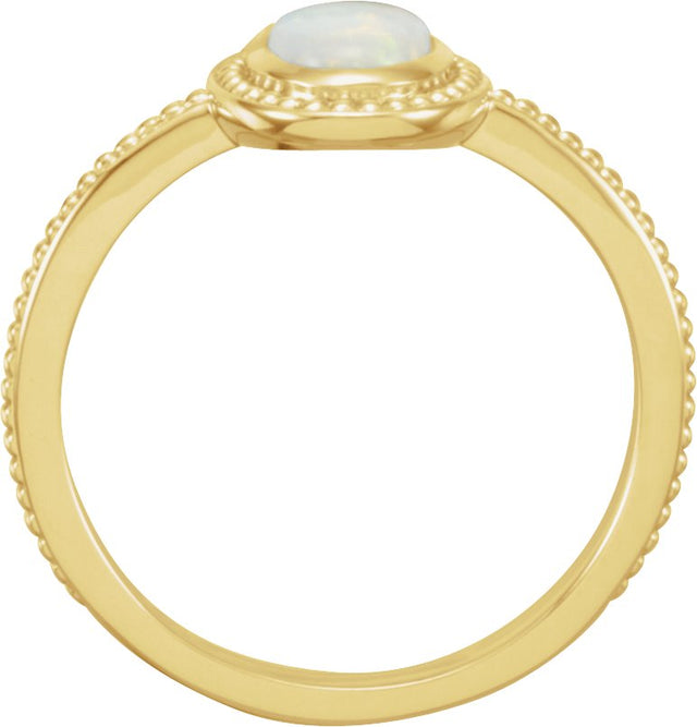 14K Gold Oval Natural White Opal Beaded Cabochon Ring - Yellow Gold - view 2