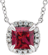Platinum Square Natural Ruby & Natural Diamond Halo-Style Necklace