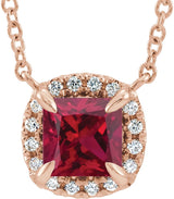 14K Gold Square Lab-Grown Ruby & Natural Diamond Halo-Style Necklace - Rose Gold