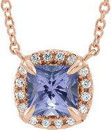 14K Gold Square Natural Tanzanite & Natural Diamond Halo-Style Necklace - Rose Gold