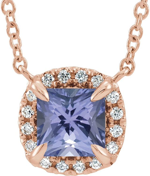 14K Gold Square Natural Tanzanite & Natural Diamond Halo-Style Necklace - Rose Gold