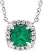 Platinum Square Lab-Grown Emerald & Natural Diamond Halo-Style Necklace