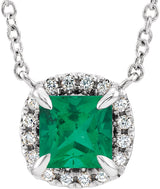 Platinum Square Natural Emerald & Natural Diamond Halo-Style Necklace