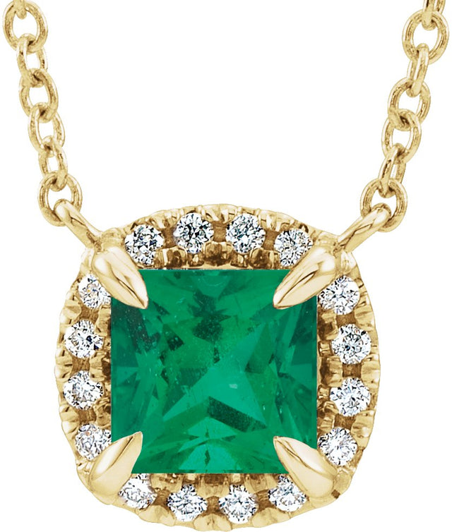14K Gold Square Lab-Grown Emerald & Natural Diamond Halo-Style Necklace - Yellow Gold