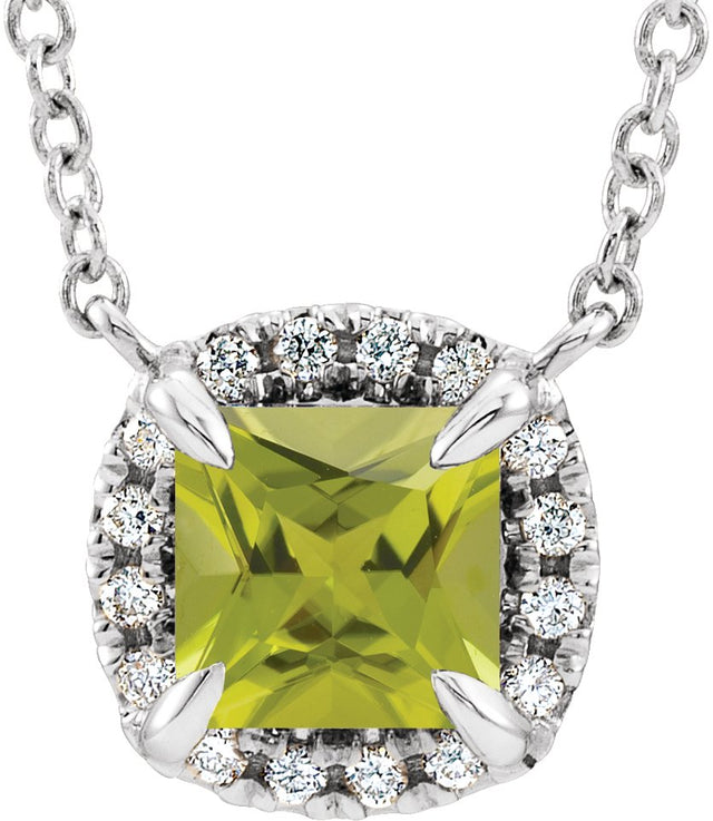 14K Gold Square Natural Peridot & Natural Diamond Halo-Style Necklace - White Gold