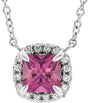 Platinum Square Natural Pink Tourmaline & Natural Diamond Halo-Style Necklace